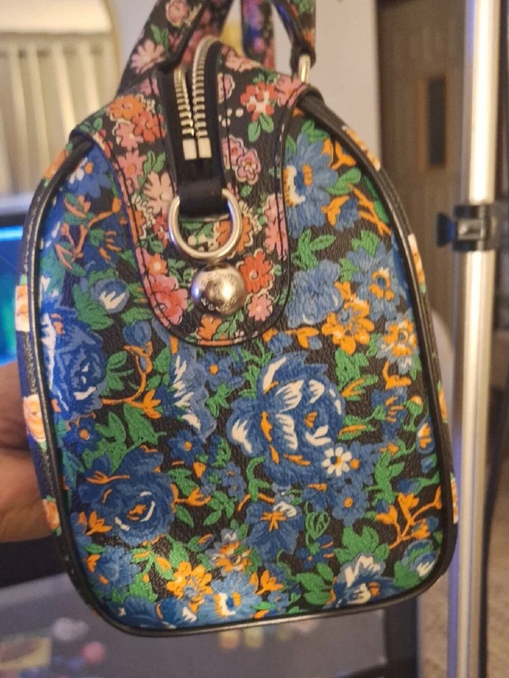 Coach Black Floral Leather Satchel with Pink and Orange Blooms
